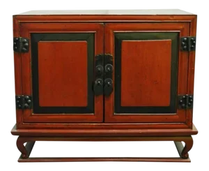 Antique Red Lacquer Bedside Cabinet With Hardware From Mid 19th Century China