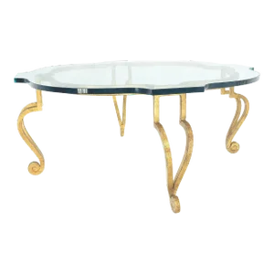 Forged Metal Gilt Wrought Iron Scroll Leg Base 3/4" Glass Top Round Coffee Table
