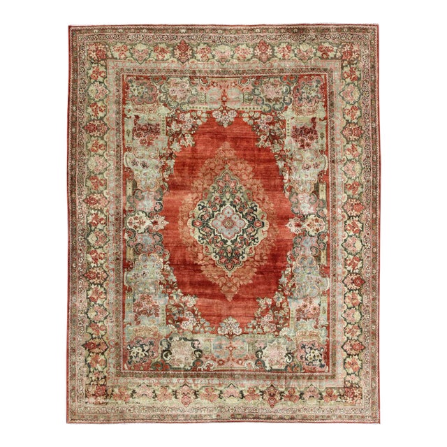 Persian Antique Mahal Rug With Beautiful Floral Design in Red, Pink, and Green For Sale