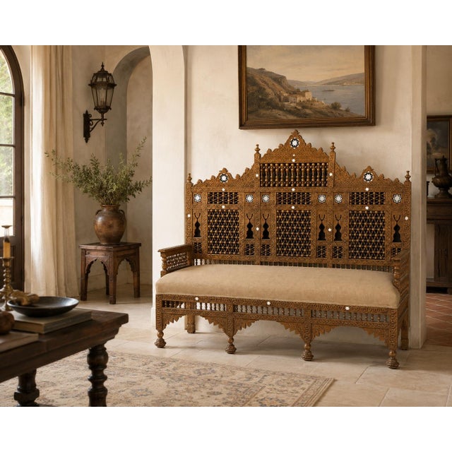 An exceptional early 20th-century Middle Eastern settee, attributed to Egypt or the Levant—possibly present-day Lebanon or...