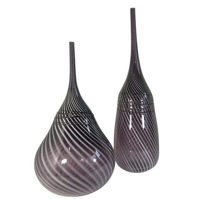 Purple 24 + In. Murano Style Purple White Applied Black Swirl Bulbous Art Glass Vase Set of 2 For Sale - Image 8 of 14