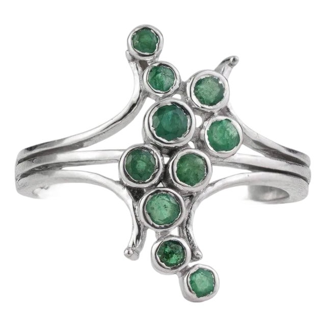 Artistic Abstract Vibrant Emerald Bubble Ring in 925 Sterling Silver, Size 6.5 For Sale