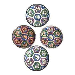MCM Pewter and Ceramic Neiman Marcus Floral Asian Plates Bowls - A 4 Piece Set For Sale