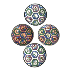 MCM Pewter and Ceramic Neiman Marcus Floral Asian Plates Bowls - A 4 Piece Set