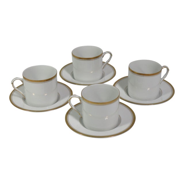 1970s Fitz & Floyd White and Gold Cups and Saucers Set- 8 Pieces For Sale