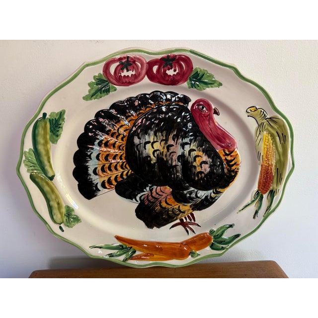 Italian hand-painted pottery turkey platter . This platter has holes in the back for stringing a wire or cord. Please see...