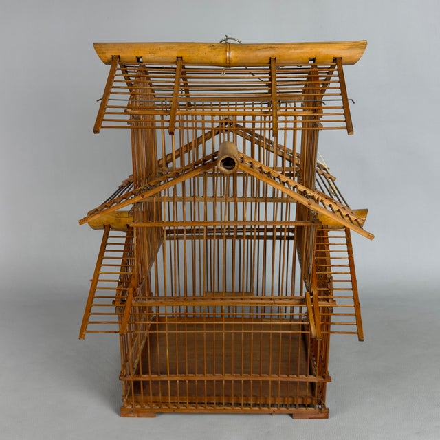 Vintage Architectural Pagoda Aviary Cage in Wood and Bamboo For Sale - Image 4 of 11