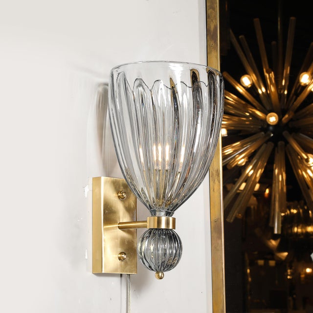 Gray Modernist Orbital Drop Hand-Blown Murano Fluted Smoked Blue Gray Glass Sconces For Sale - Image 8 of 13
