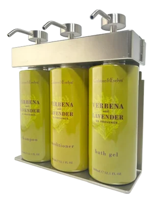 Solera 3 Satin Nickel Liquid Dispenser, Crabtree & Evelyn Verbena and Lavender Shampoo, Conditioner, Bath Gel - 4 Pieces