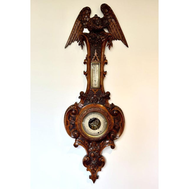Outstanding quality antique Victorian carved oak barometer, having a quality carved oak case with floral and scrollwork...