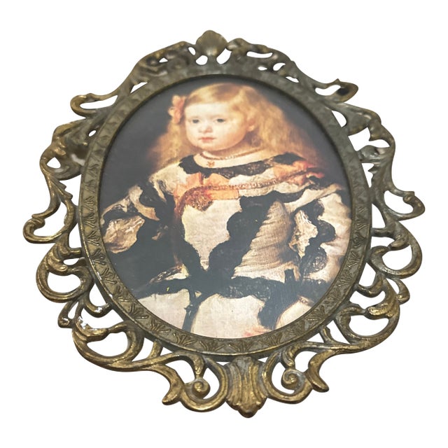 Ornate Italian Gilt Brass Oval Frame Featuring a Classic Portrait Print For Sale