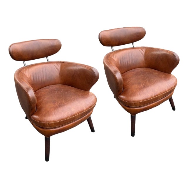 French Mid Century Leather Club Chairs, Pair For Sale