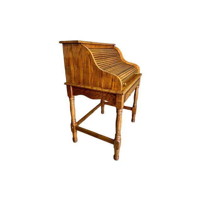 Brown Vintage C .1970's Solid Oak Bradford Style Mini Roll-Top Desk For Sale - Image 8 of 11