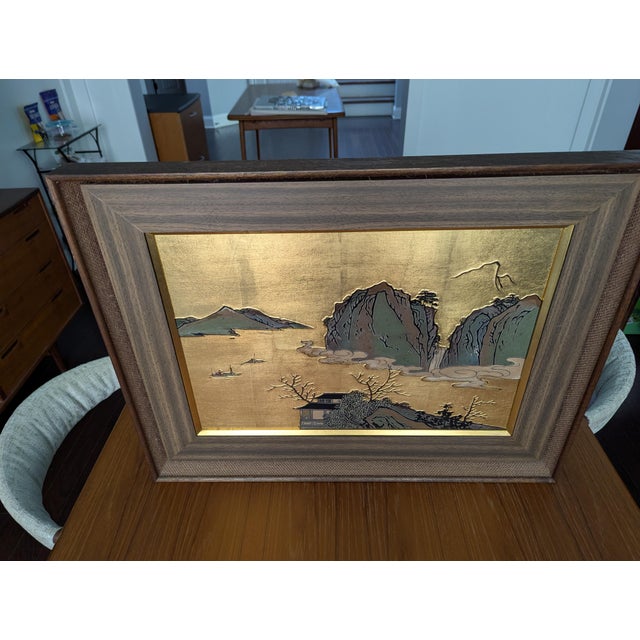 1970s Vintage 24k Gold Leaf & Copper Chōkin Metal Relief Landscape Panel — 1970s For Sale - Image 5 of 6