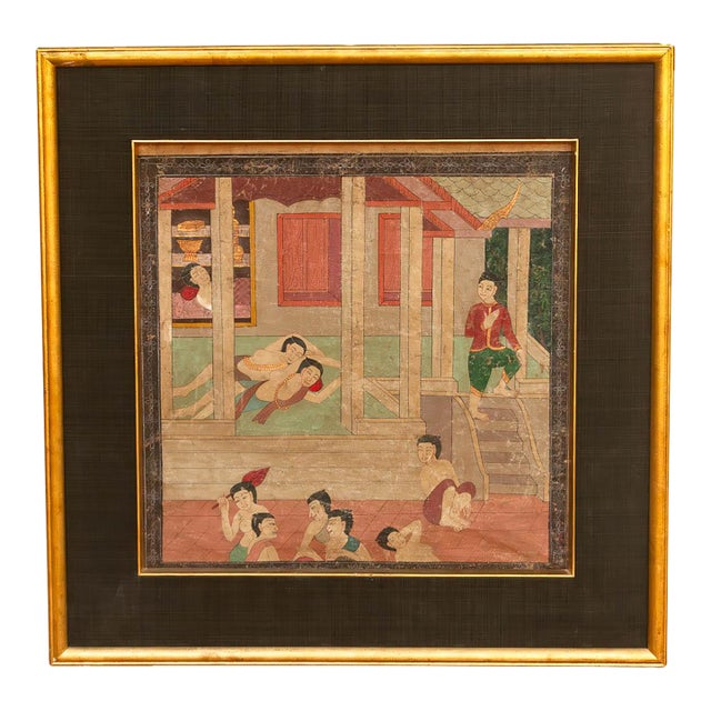 Vintage Thai Pavilion Gathering Narrative Painting For Sale