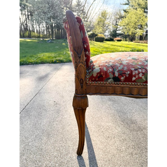 French Antique Karpen French Style Needlepoint Bench, Carved Wood, Floral Tapestry For Sale - Image 3 of 12