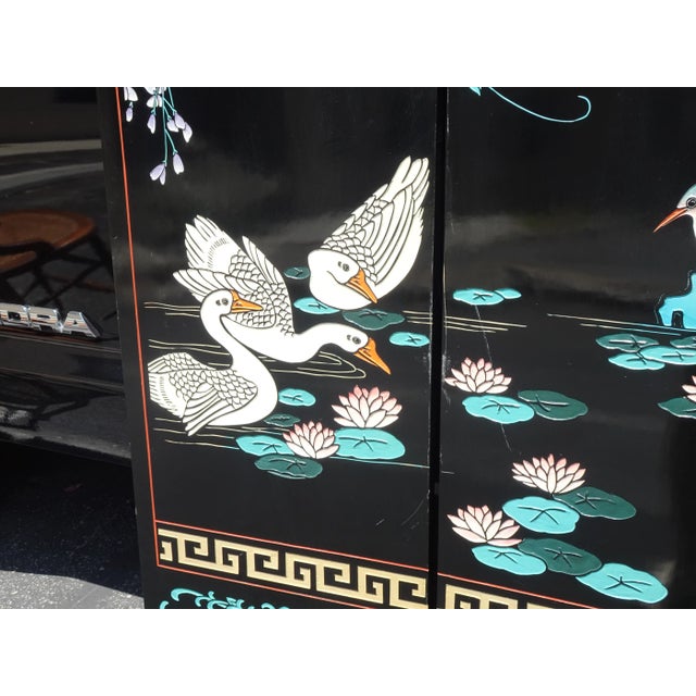 Vintage Oriental Asian Blue Coromandel Four Panel Screen Room Divider W Swans For Sale - Image 9 of 12