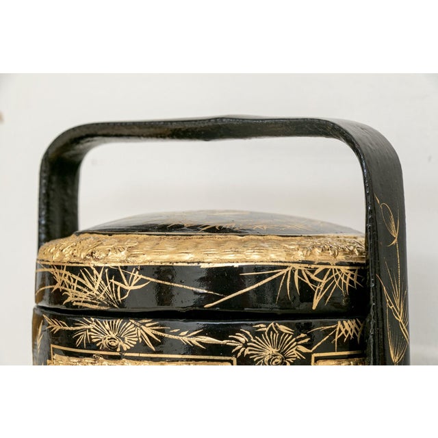 19th Century Antique Chinese Black Lacquered Three-Tiered Wedding Basket For Sale - Image 5 of 11