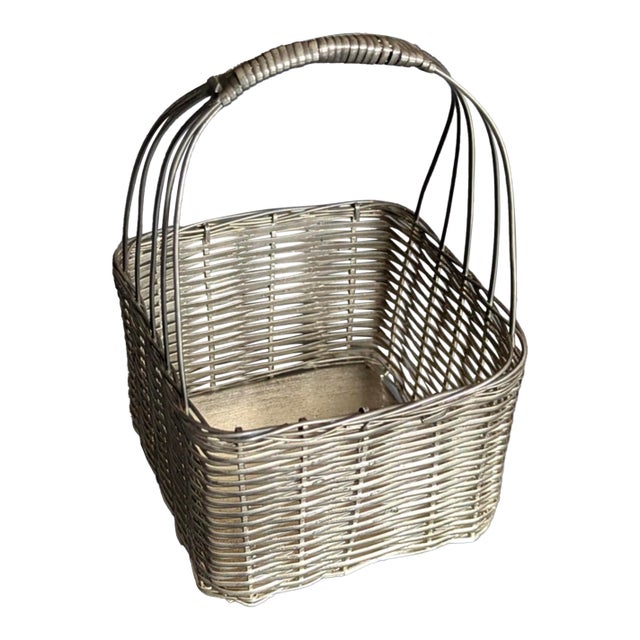 Early 20th Century Vintage Silver Toned High Quality Woven Basket For Sale