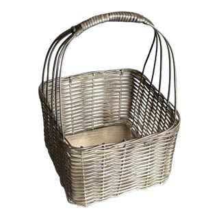 Early 20th Century Vintage Silver Toned Woven Basket For Sale