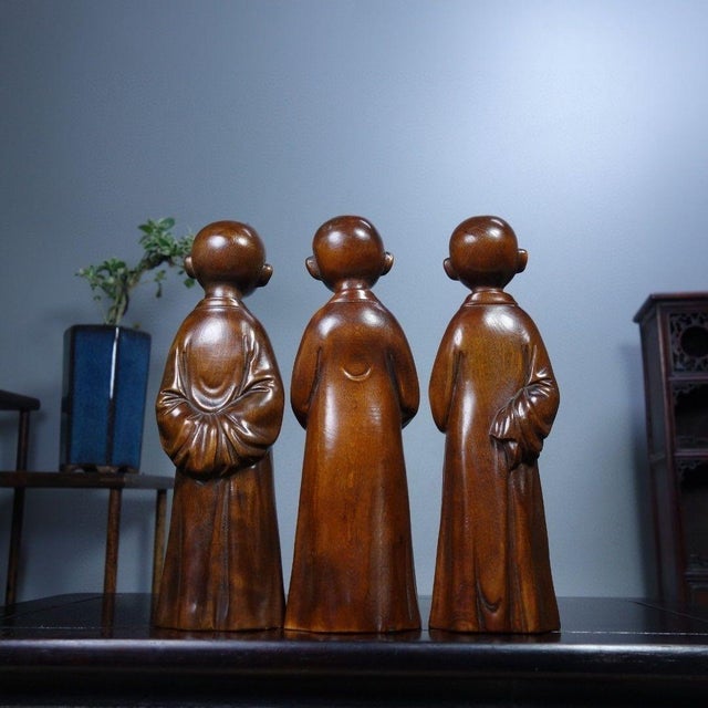 Set of 3 Vintage Chinese Boxwood Carved Monk Figures – "Zen Mind" (Chan Xin) Statues For Sale - Image 9 of 9