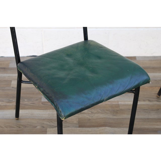 Jacques Adnet Pair of Jacques Adnet Distressed Green Leather & Black Metal Dining Chairs, France 1950s For Sale - Image 4 of 18