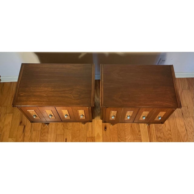 1960s Pair of Mid Century Modern Nightstands Cane Fronts & Brass Hardware, Circa 60s For Sale - Image 5 of 12
