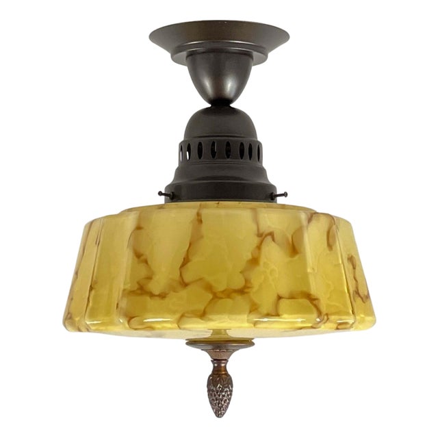Art Deco Flush Mount in Marbled Opaline Glass & Burnished Metal, Germany, 1920s For Sale