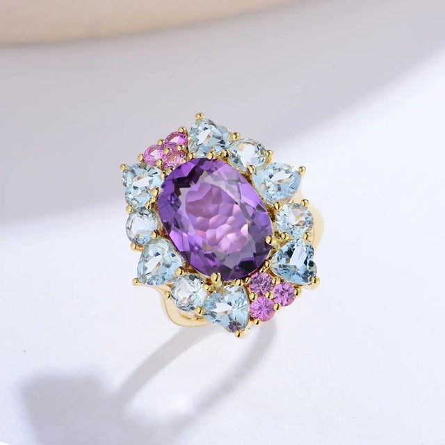 Nina Zhou Jewelry Nina Zhou Margeret Amethyst Aquamarine Pink Sapphire Cocktail Ring in 14k Yellow Gold, size 4 For Sale - Image 4 of 8