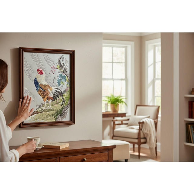 Vintage Bunka Embroidery Rooster Art-Framed-Japanese Punch Needlework-Textile For Sale - Image 10 of 12