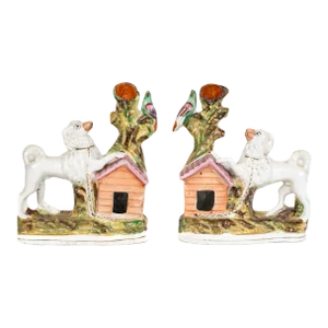 Antique 19th Century Staffordshire Spill Vases of Poodles With Dog Houses - a Pair