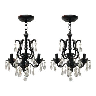Vintage Pair 4-Light Black Iron Crystal Chandelier Hollywood Regency Glam Set 2 For Sale