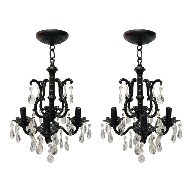 Vintage Pair 4-Light Black Iron Crystal Chandelier Hollywood Regency Glam Set 2 For Sale