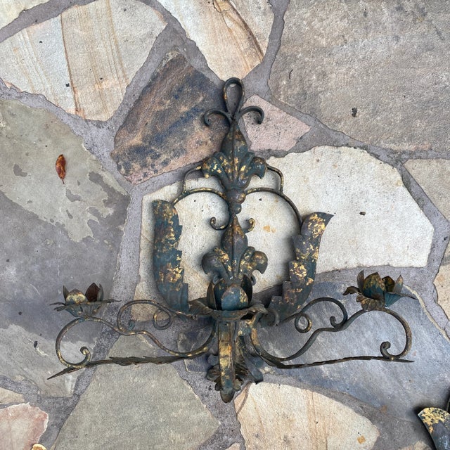 1960s Italian Style Gilt Iron Candlestick Sconces- a Pair For Sale - Image 4 of 10