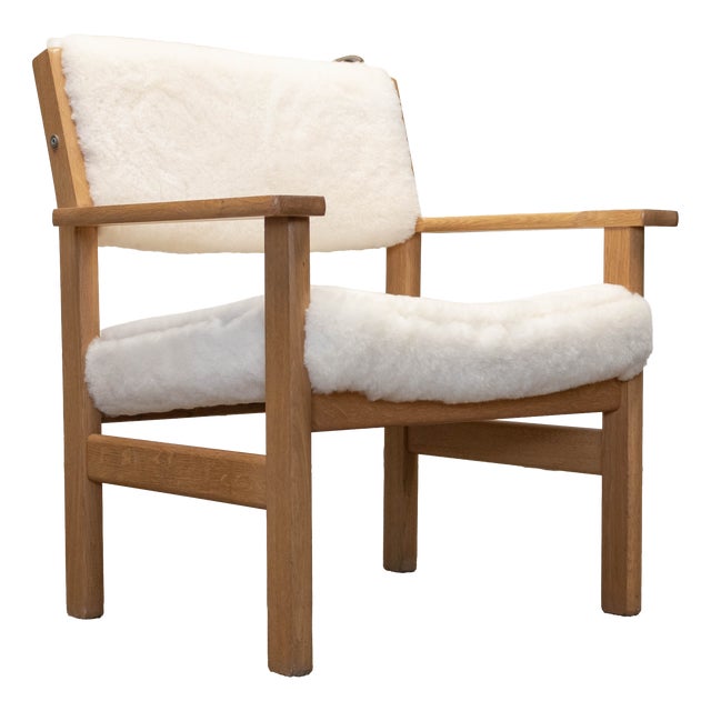 Oak Armchair with White Sheep Fur Upholstery by Hans J. Wegner, 1980s For Sale