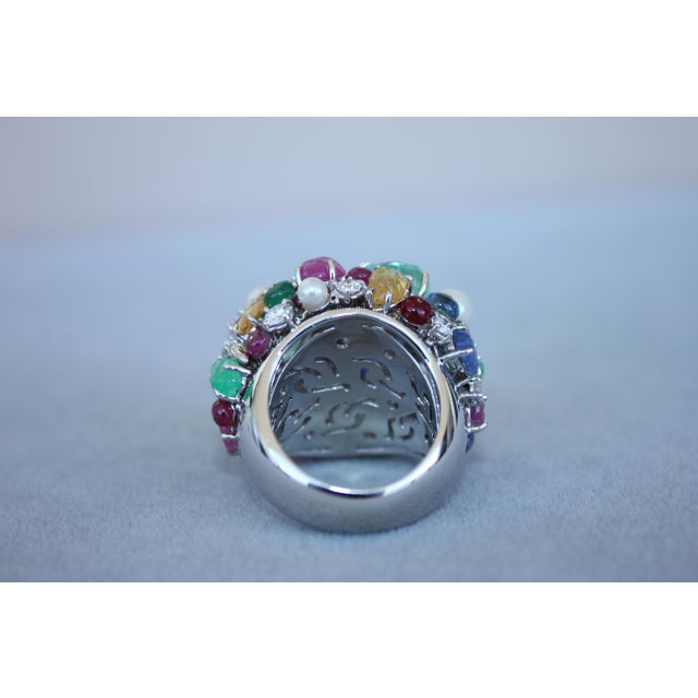 Blue Multi Colors Sapphires Emeralds Ruby Diamond Scavia Unique 18k White Gold Ring, Size 6 For Sale - Image 8 of 18