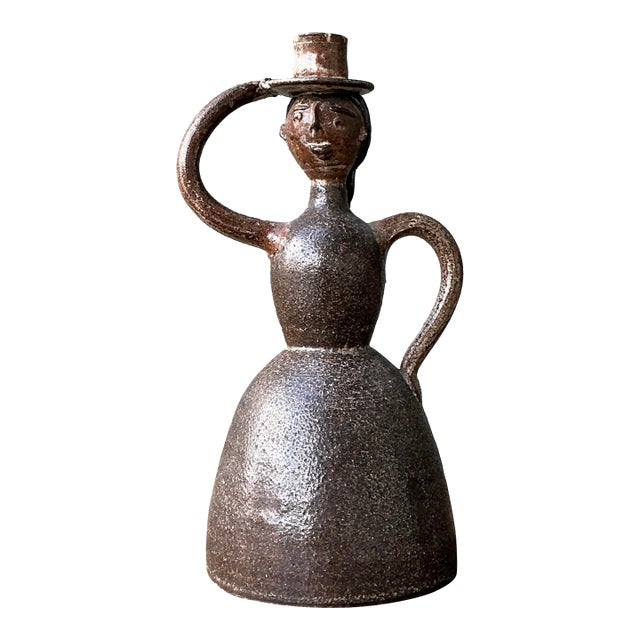 Vintage Glazed Terracotta Figure Candlestick For Sale