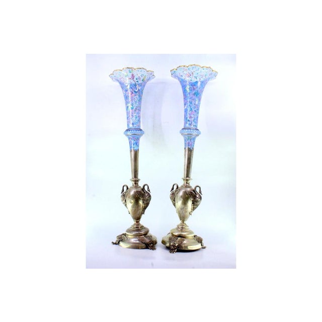 Metal Silver Vases with Appliqués of Geese and Mythical Figures Holding Flower Pots in Relief-Painted Glass, Set of 2 For Sale - Image 7 of 9