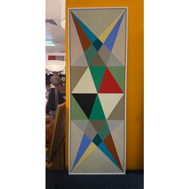 Blue French Artist Patrice Bertin Long Abstract Geometric Framed Oil on Canvas For Sale - Image 8 of 8
