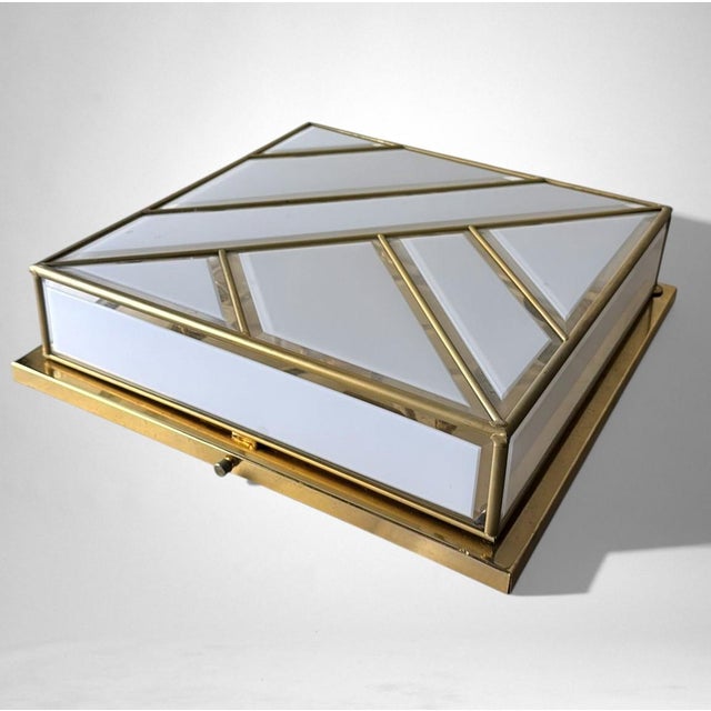Mid-Century Modern Mid 20th Century Italian Opaline Glass and Brass Flush Mount Ceiling Light For Sale - Image 3 of 18