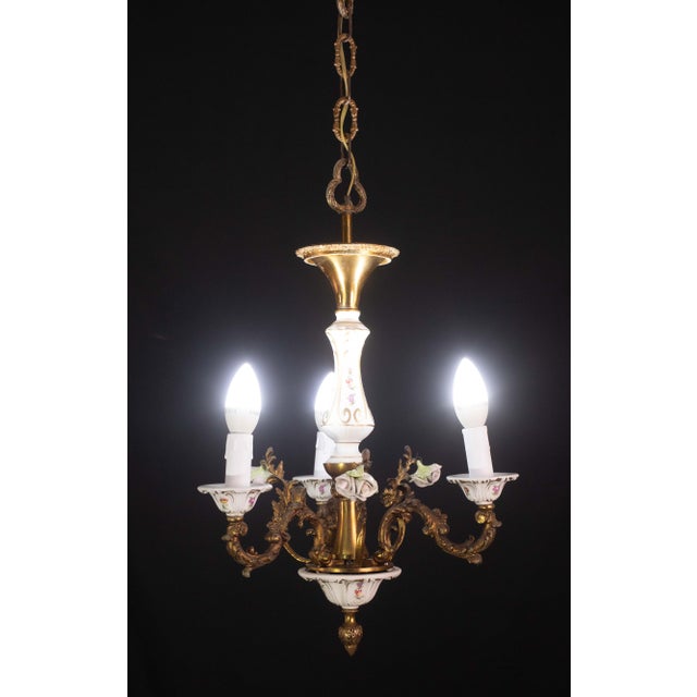 Brass Vintage Ceramic and Brass Chandelier, 1960s For Sale - Image 8 of 12