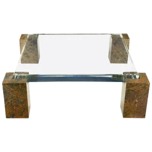 Brazilian Red Marble Column Coffee Table With 3" Thick Lucite Top