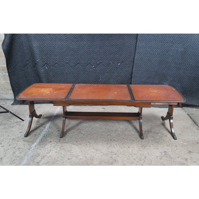 Baker Furniture Company Mid 20th Century Duncan Phyfe Mahogany Tooled Leather Extendable Coffee Table 40-64" For Sale - Image 4 of 13