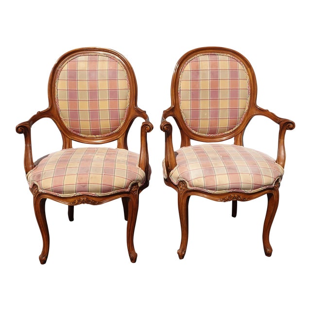 Pair of Vintage Karges French Style Plaid Side Chairs For Sale