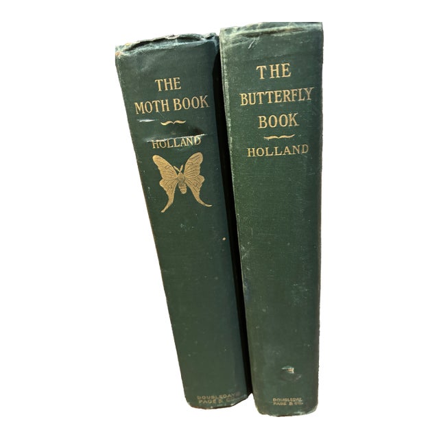 Early 1900s W..j. Holland Butterfly & Moth Books - Illustrated Natural History Volumes, GreenColth Set of 2 For Sale