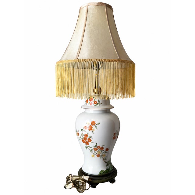 Vintage Chinoiserie Floral Ginger Jar Table Lamp With Long Gold Fringe Shade For Sale - Image 9 of 16