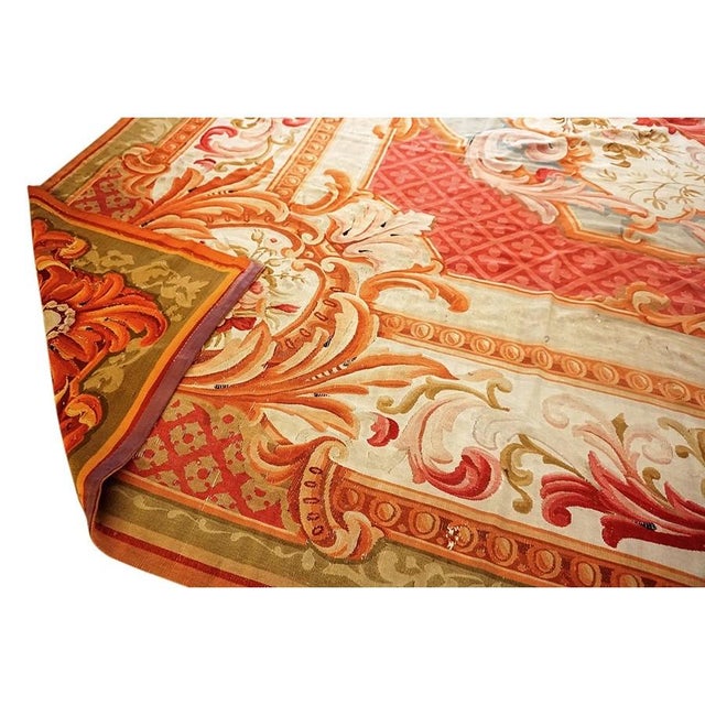 Mid 19th Century 1850s Antique Aubusson French Large Wool Flat Weave Coral Rug For Sale - Image 5 of 9