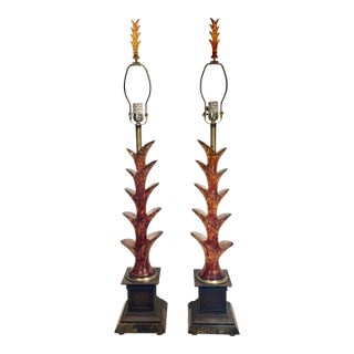 Vintage Mid-Century Tony Duquette Style French Red and Gold Leaf Lucite Table Lamps on Marble Bases - A Pair For Sale