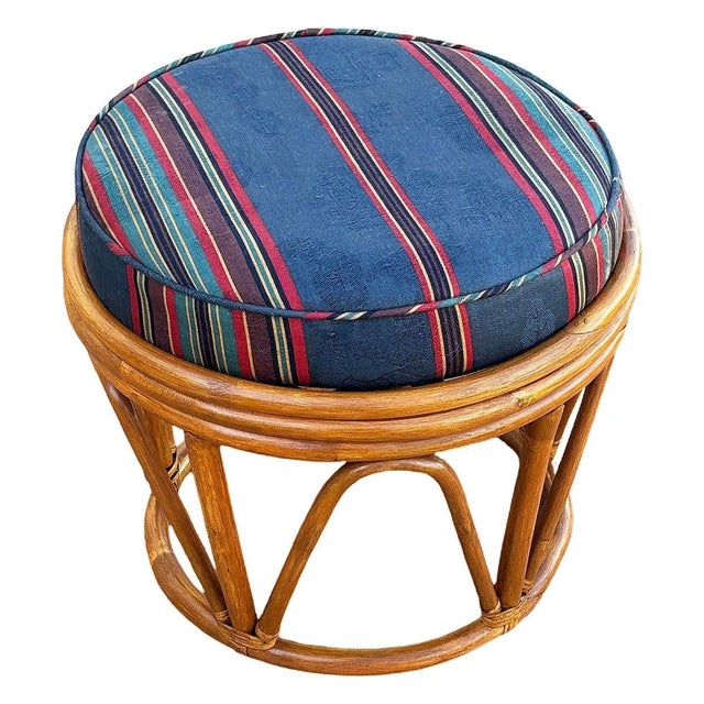 1950s 1950s Restored Rattan Footstool With Striped Jacquard Navy Cushion For Sale - Image 5 of 6