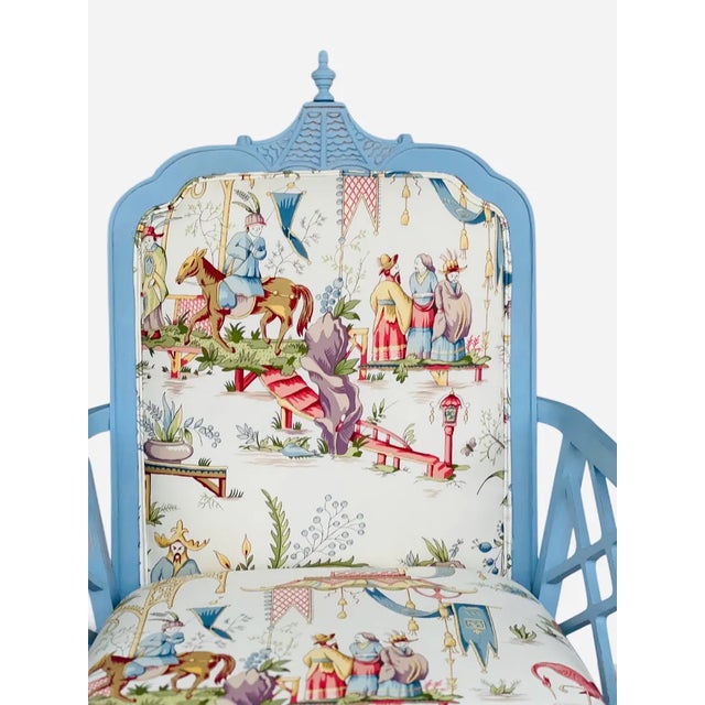 1980s 1980s Pair Newly Upholstered Blue Chinese Chippendale Chairs in Schumacher Tientsin Toile For Sale - Image 5 of 17